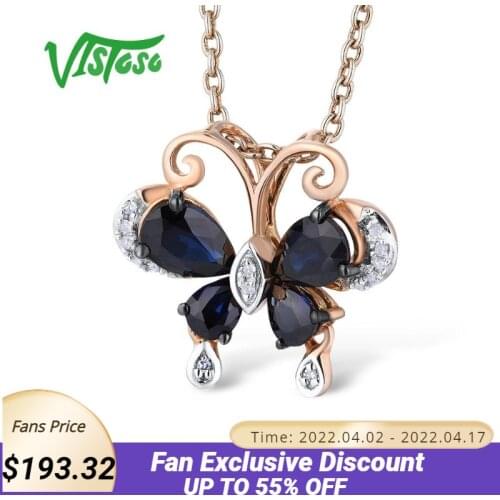 VISTOSO Gold Pendants For Women Pure 14K 585 Rose Gold Delicate Butterfly Blue Sapphire Sparkling Diamond Wedding Fine Jewelry