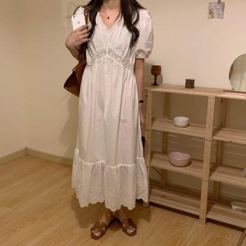 High Waist Dress Lace-Patchwork Puff Sleeve Jacquard Hem Midi Dresses Women Summer Elegant White V Neck Long