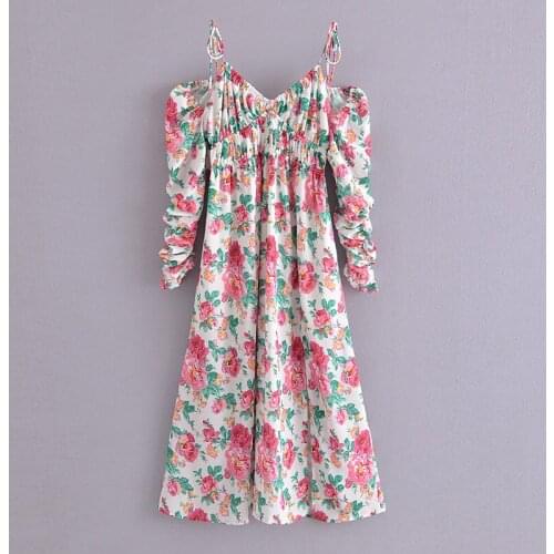 YENKYE Sexy Off Shoulder Floral Print Dress Romantic Women V Neck Long Sleeve Slits A-line Summer Boho Dress Midi Vestido