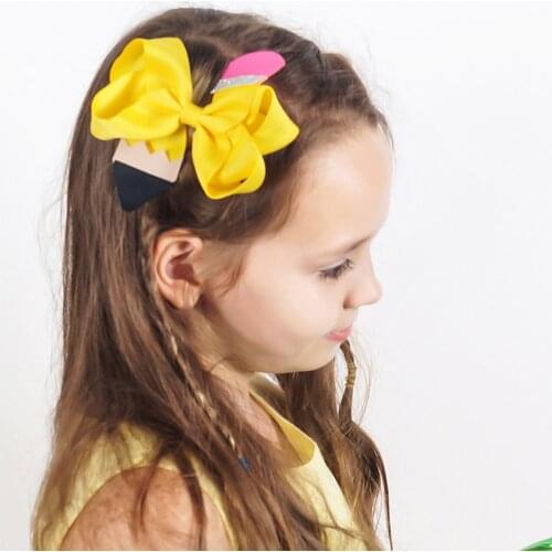 2 Pcs 4.5'' Sweet Children Girl Pencil Hair Clip Handmade Ribbon Hair Bows Hairpin For Students School Kid Hair Accessories