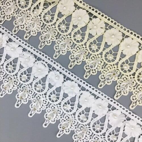 2 yd 3D Diamond Teardrop Flowers Apricot Lace Trim Pearl Beaded Wedding Dress Ribbon Fabric Embroidered Applique DIY Sewing