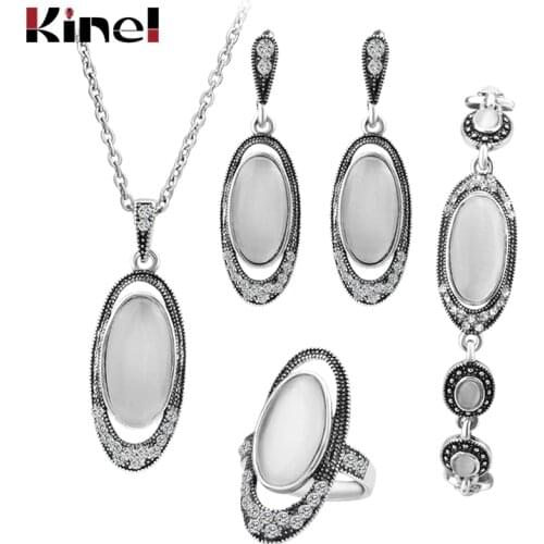 Hot 4Pcs/Sets Vintage Wedding Jewelry Set For Women Ancient Silver Color White Opal Ring Necklace Bracelet And Earring Best Gift