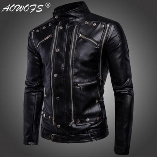 AOWOFS New Men Leather Jackets Coats Jaqueta De Couro Fashion Motorcycle Biker Leather Jackets Multi-zipper Black Masculina 5XL