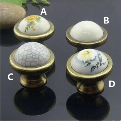 Free shipping Retro rural Ceramic Furniture Knob Bronze Drawer Pull TV cabinet yellow flower porcelain Dresser Handle