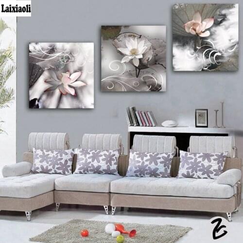 3 pcs 5d diy diamond painting full square drill lotus flower diamond embroidery mosaic modern triptych home decoration painting