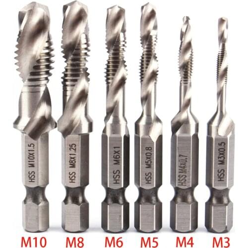 6pcs Thread Screw Tap Drill Bits Hss Metric High Speed Steel Drills Combination Bit Set Hex Shank Machine Taps Hand Tools M3-M10