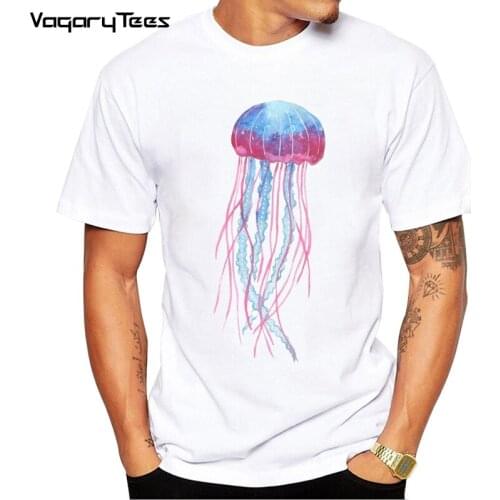 New Brand Summer Mens T-Shirt Handsome watercolor Blue pink jellyfish Printed Short Sleeve O-Neck basic Hipster Tops Tees