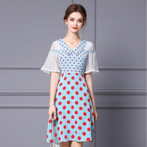 Green Blue Empire Young Lady Sweet A-Line Dress Summer Flare Sleeve Dot Medium Skirt Woman Peter Pan Collar Lovely Slim Dresses