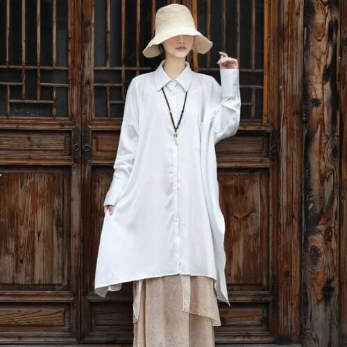 QPFJQD Ladies Turn Down Collar Polyester Blouse Solid Color Spring Autumn Women Pocket Button Irregular Shirts Full Sleeve