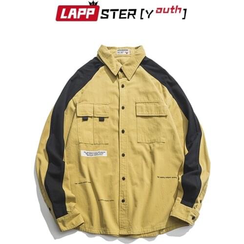 LAPPSTER Men yellow patchwork shirts cotton 2021 autumn fashions streetwear shirts mens harajuku korean style designer clothing