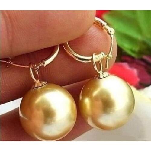 Handmade lovely bead GENUINE HUGE AAA++ 15-16MM GOLDEN SOUTH SEA SHELL PEARL EARRING