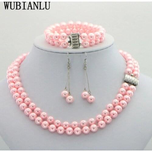 WUBIANLU 2 Rows 8mm Pink South Sea Shell Pearl necklace women Bracelet Earrings Fashion Jewelry Set