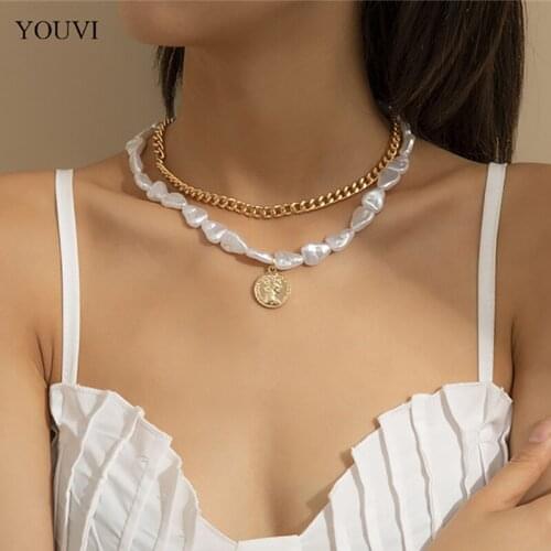 YOUVI 2PCS Beaded Baroqure Pear Necklace for Women Gold Color Metal Coin Pedants Womens Neck Chain Necklace Choker Jewelry