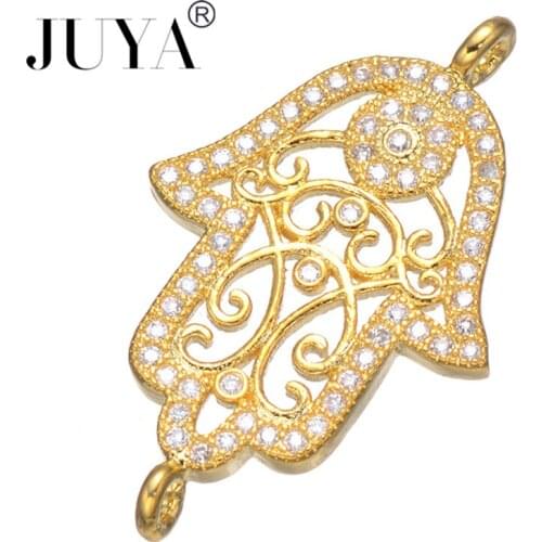 Jewelry Findings Components AAA Cubic Zirconia Rhinestone Hamsa Hand Key Star Love Bow Gold Charms Connectors For Jewelry Making