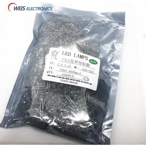 100PCS F3 3MM green DIP LED , water clear , short pins, round 520-525nm 3.0-3.2v 7000-9000mcd pure green light beads