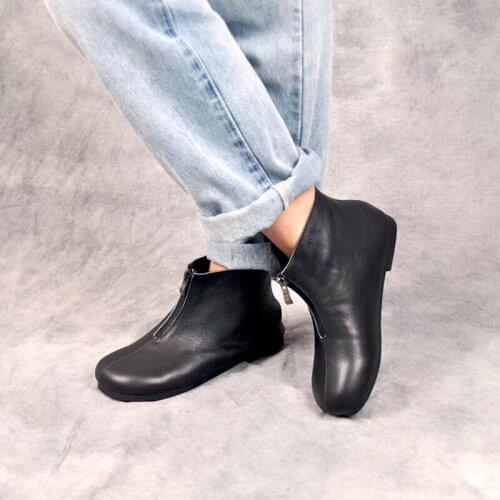 Vintage Style Genuine Leather Women Boots Round Toe Front zip Flat Shoes For Women Soft Cowhide Ankle Boots zapatos mujer