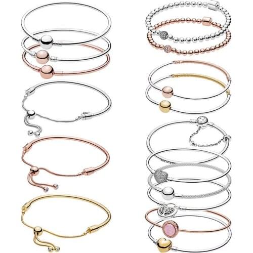 Women Bangles Bracelets Rose Gold Original 925 Sterling Silver Fine Jewelry Zircon Stones Cute Round Heart Sliding Beads Padlock