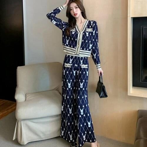 2021 Autumn Winter Knitted 2 Piece Set Women V-neck Long Sleeve Sweater Cardigan Coat+Wide Leg Pant Vintage Tracksuits Suits