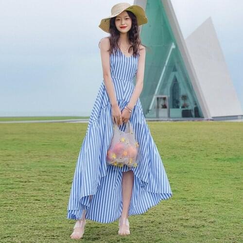 TingYiLi V-neck Irregular High Low Slip Dress Women Summer Striped Sleeveless Dress Holiday Beach Swing Long Maxi Dress Korean