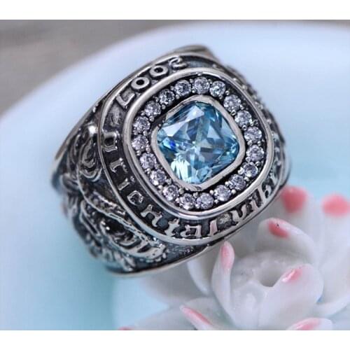 925 Sterling Silver Blue Topaz Ring & Hand Carved Dragon and Tiger Rings for Men Vintage Thai Silver Fine Jewelry