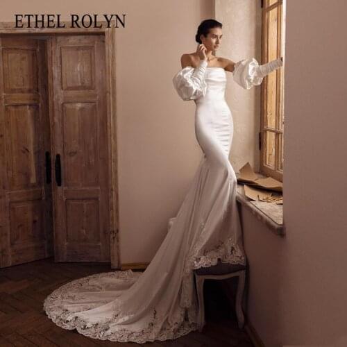 ETHEL ROLYN Mermaid Wedding Dress 2021 Elegant Strapless Backless Satin Bride Puff Sleeve Cathedral Train Embroidery Bridal Gown