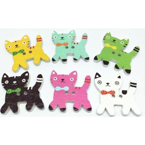 100pcs/lot Mixed Wooden Cartoon Buttons Cat Shape 2-hole Sewing Wood Button For Scrapbooking Jewelry Card Making