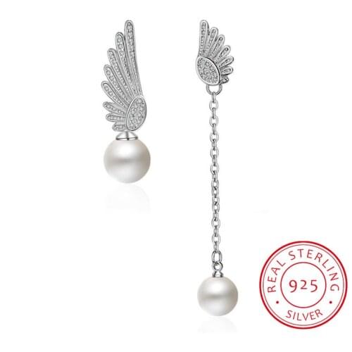 Asymmetric Angel Wings Stud Earrings Long Created Pearl Earring For Women Zirconia 925 Sterling Silver Angel Wing Jewelry Ue0221