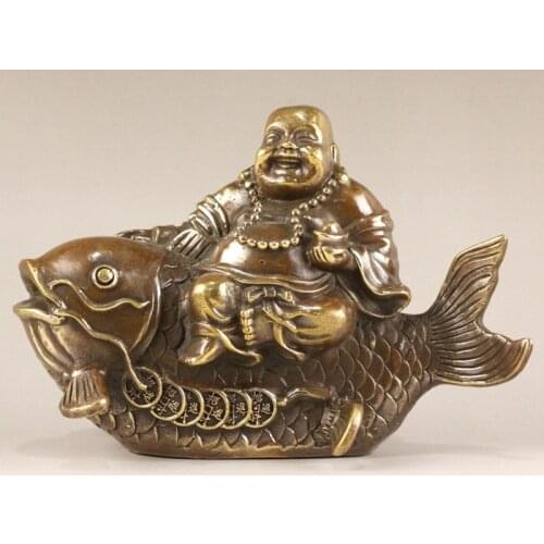 Pure Brass Riding Fish Maitreya Buddha Ornaments Copper Smile Buddha Home Worship Decorative Crafts Office Statue