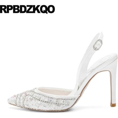 Wedding diamond slingback size 33 white pumps stiletto rhinestone 8cm female crystal high heels shoes pointed toe ladies 4 34