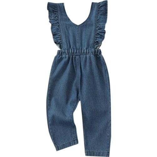 Summer Kids Denim Romper Girl Clothes Solid Color Ruffled V-Neck Sleeveless Backless Jumpsuit for Girl 18 Months to 6 Years