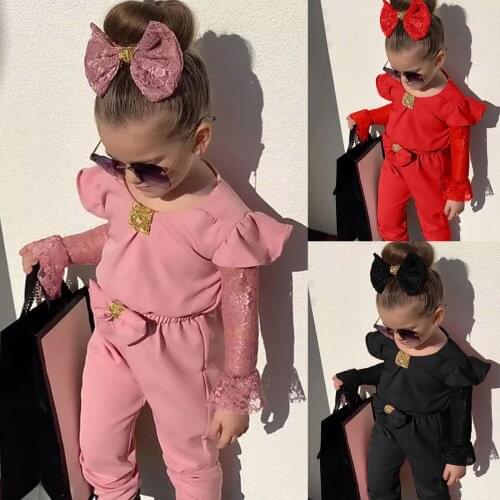 TELOTUNY Toddler Baby Kids Girls Jumpsuit Fashion Lace Flare Long sleeve Bow BodySuit Jumpsuit Romper+Headbands Sets For 6M-5Y