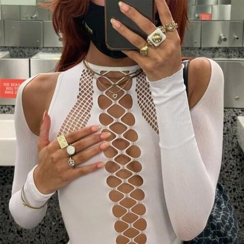 Hollow Out Crop Top Autumn Sexy Women Solid Long Sleeve Off Shoulder O-Neck Skinny T-Shirt Night Club Streetwear Tees Clothes
