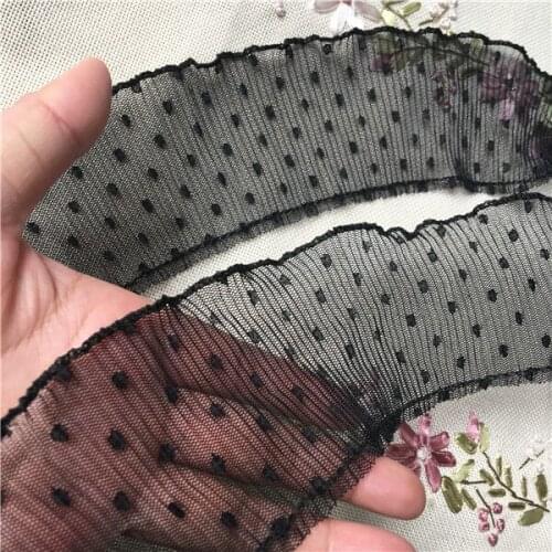 7cm Wide 1 Meter White/Black Polka Dot Mesh Lace Trim Sexy Ruffled Material For Waist Cuffs, Collar, Dolls