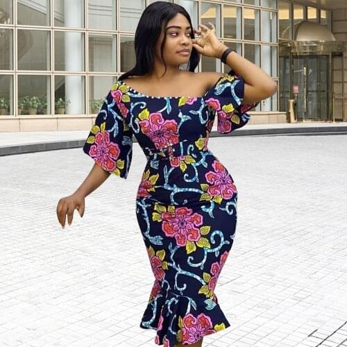 Fashion Sexy African Bag Hip Fishtail Dresses For Women Irregular Sleeve High Waist Floral Print Dress American Apparel Casual