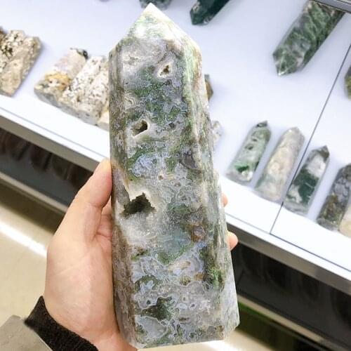 Natural Moss Agate Wand Healing Crystals Druzy Quartz Sparking Point Chakra Casa Stone Obelisk Home Decoration Reiki Spirit Gift