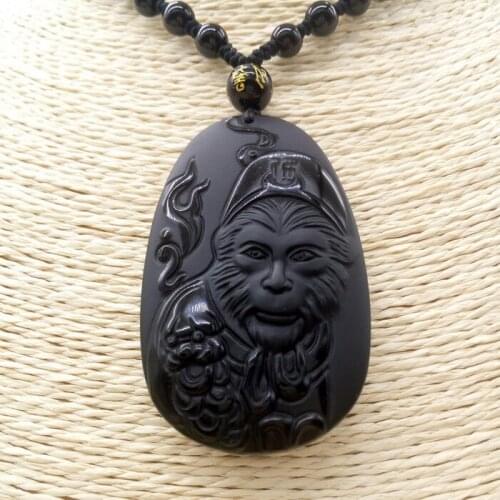 Natural Obsidian Sun WuKong Pendant Monkey Necklace Man Exquisito Jewellery Fashion Accessories Hand-Carved Luck Amulet Gifts