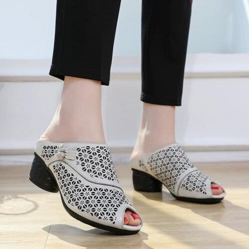 Women sandals Breathable Comfortable Elegance Vintage Genuine Leather Slip On 4CM Square High Heels Peep Toe Hollow out shoes