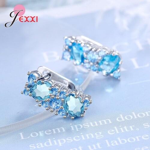 Simple Fashion Blue Cubic Zirconia Rhinestone Hoop Earrings for Women Girl 925 Sterling Silver Female Gifts Fine Jewelry