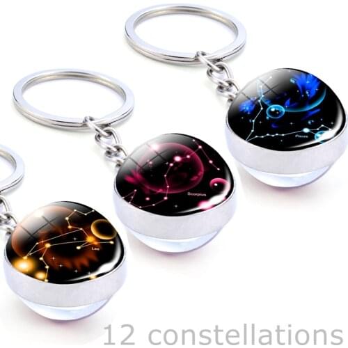 12 Constellation Glass Ball Keychain Zodiac Signs Pendant Glass Key Ring Jewelry Leo Scorpio Birthday Best Gift Dropshipping