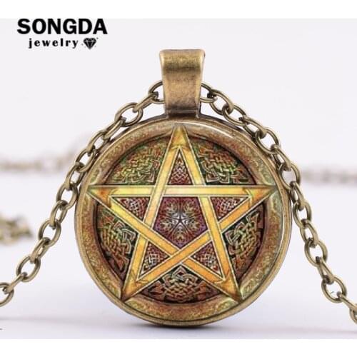 SONGDA Supernatural Necklace Wiccan Pagan Occult Astrology Retro Pentagram Pentacle Glass Dome Pendant Choker Men Women Jewelry