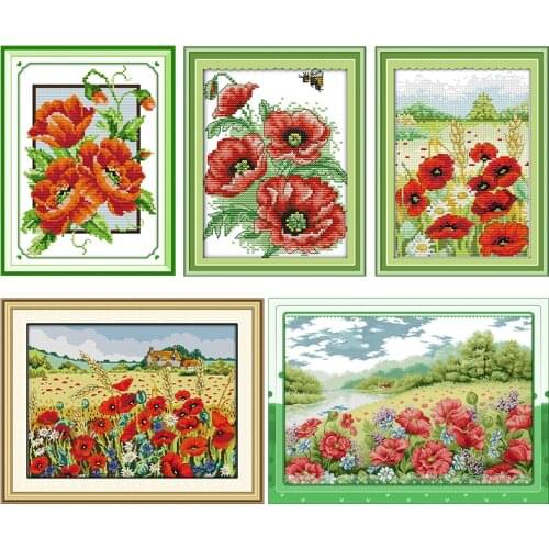Embroidery Needlework Poppy Garden Cross Stitch Kits Stamped Patterns 11CT 14CT Counted Printed Craft Sewing Decoration Gift Set