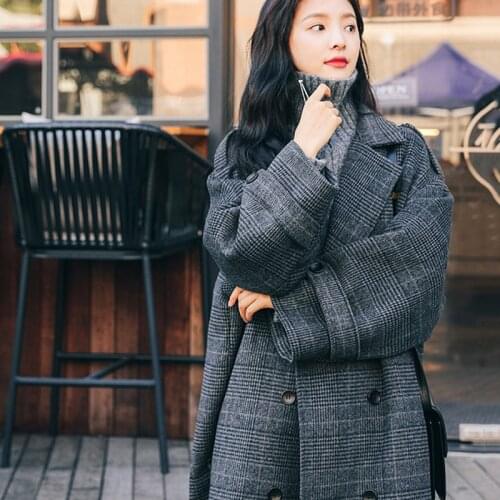 Wool Blends Women Loose Ankle-length New Arrivals Plaid Womens Korean Style Students Vintage Outwear Double Breasted Temperament