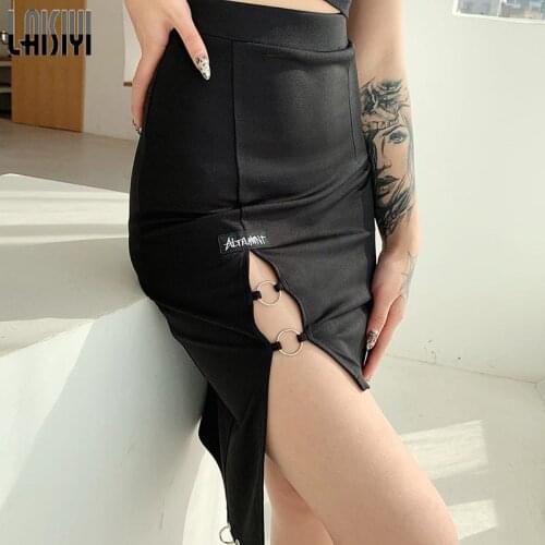 Gothic Punk Grunge Black Mini Skirts Sexy Skinny Patchwork With Ring Party Clubwear Women Harajuku High Waist Split Pencil Skirt
