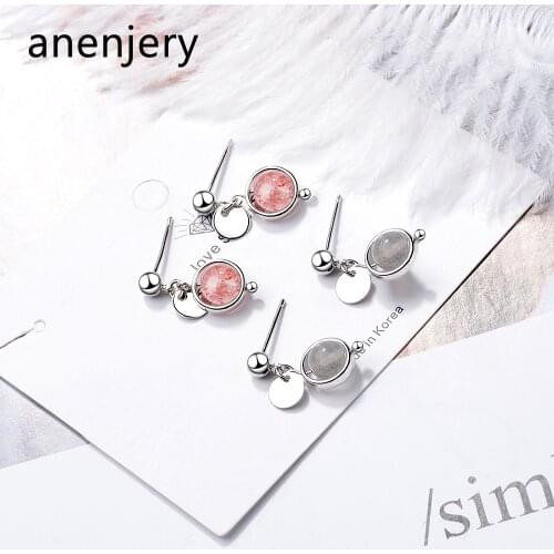 ANENJERY 925 Sterling Silver Simple Natural Pink Strawberry Crystal Moonstone Little Tassel Earring For Women Gift S-E826