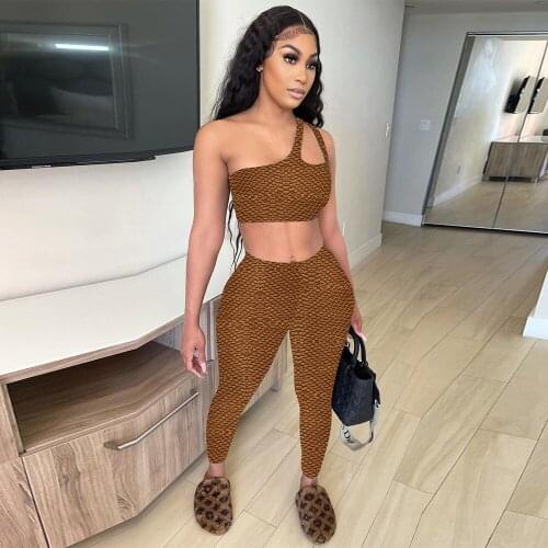 One Shoulder Asymmetrical Two Piece Tracksuit Women Hollow Front Backless Crop Top and Pencil Legging Athleisure Matching Set