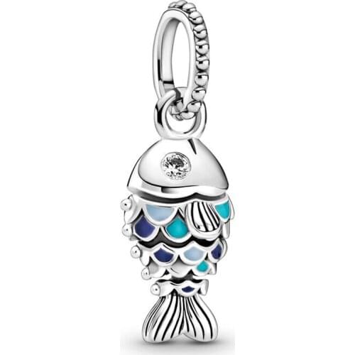 2021 Summer 925 Sterling Silver Bead Blue Scaled Fish Dangle Charm Fit Fashion Women Pandora Bracelet Bangle Gift DIY Jewelry