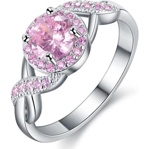 Female Silver Color Engagement Rings for Women Row Stone Pink Crystal Jewelry Bijoux Bague Accessories H102