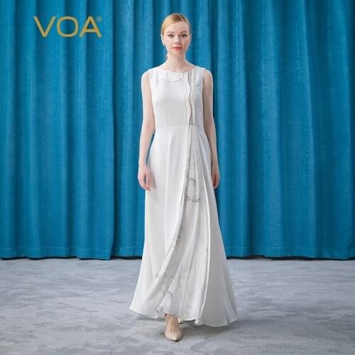 VOA Silk Heavyweight 30m/m Round Neck Asymmetric Contrast Stitching Arch Needle Flounce Trim Sleeveless Large Swing Dress AE621