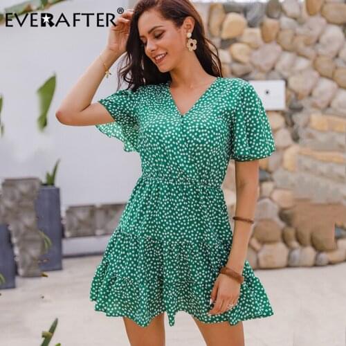 EVERAFTER Boho style floral print pleated dress women short sleeve summer mini dress V-neck high waist slim beach ladies dresses