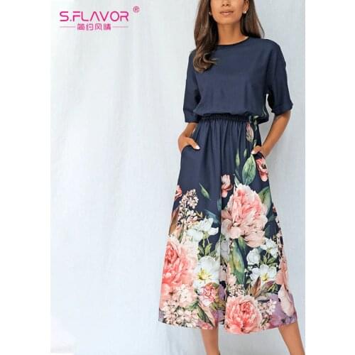 S.FLAVOR Vintage Navy Blue floral border Midi Dress 2021 Summer Backless Sexy Vestidos Women Casual Half Sleeve Sundress